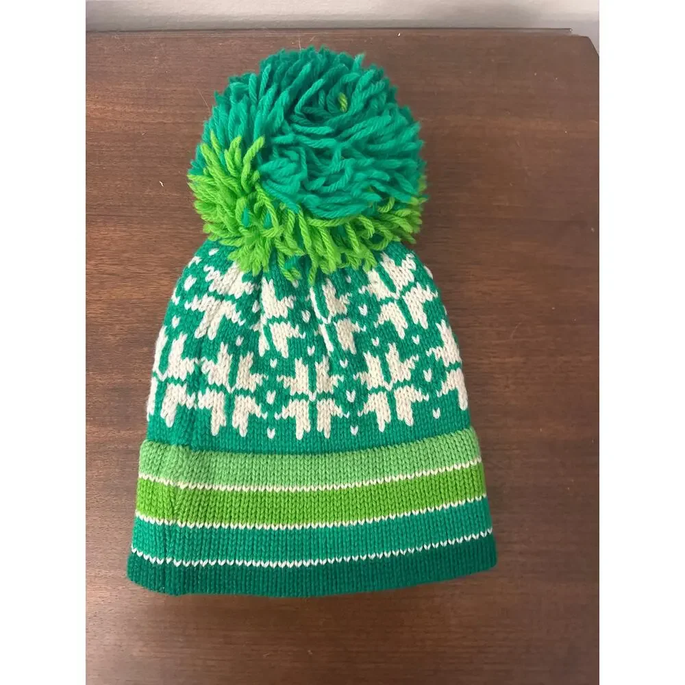 Vintage 70s Get Your Head Together Wool Pom Pom Beanie Green Nordic Fair Isle